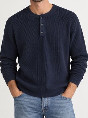 Brooks Brothers Navy Cotton Waffle Knit Henley Long Sleeve XL
